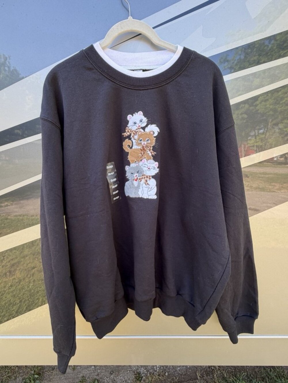 NEW Vintage Y2K Deadstock Morning Sun black sweatshirt CATS embroidered XL retro